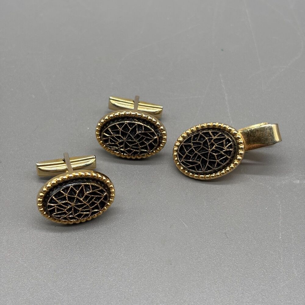 Vintage Emmons Cufflinks Tie Clip Set Black Gold Tone MCM Geometric Oval 1960s